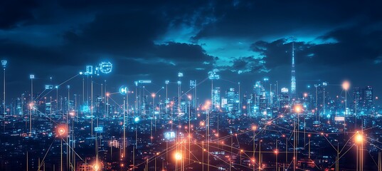 Obraz premium Futuristic Smart Grid Background Featuring Interconnected Energy Devices With Advanced Cloud Integration and Digital Connectivity Systems