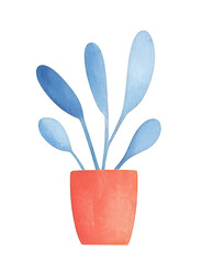 Vibrant watercolor illustration of potted plant with long, slender leaves shades of blue. pot is warm orange, creating cheerful and inviting