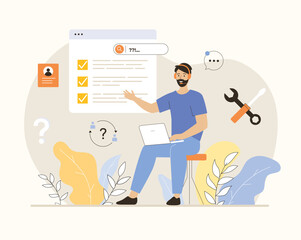 Technical support, call center, online consultation. A specialist provides virtual assistance. Flat vector illustration.	
