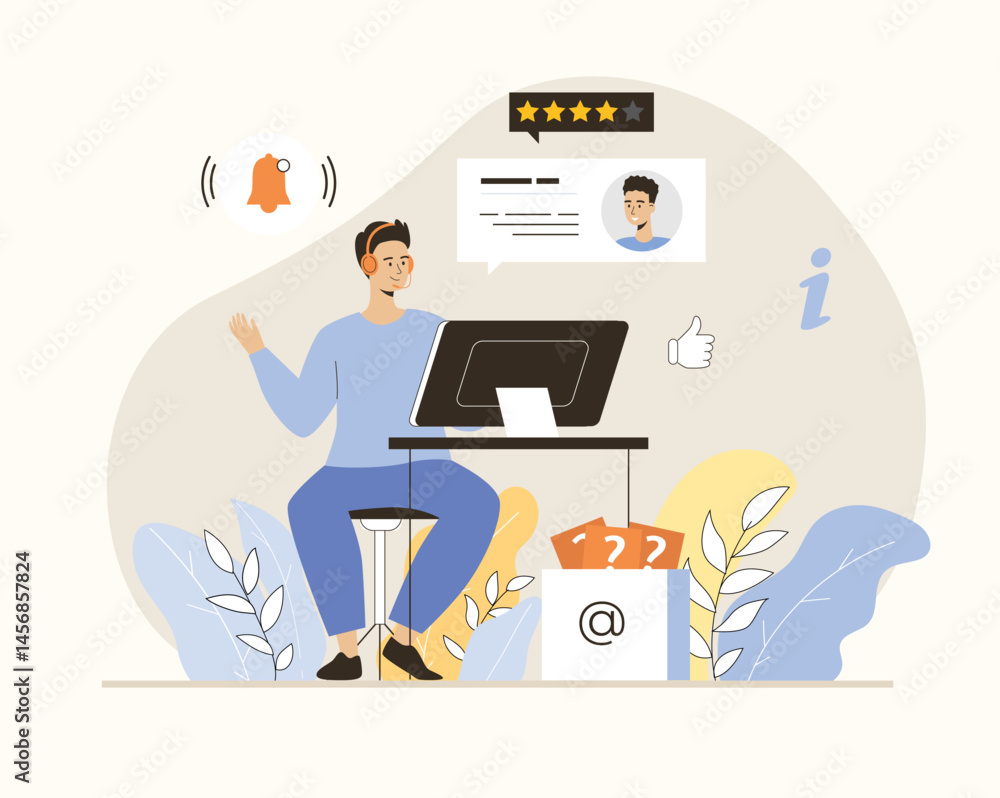 Poster customer help and support online. call center. operator helps client through monitor screen. flat ve
