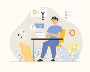 Call center, technical support. Customer service. Hotline operator man consult customer with headsets on tablet. Flat vector illustration.	
