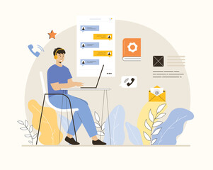 Customer help and support online. A male operator in headphones is chatting with a client. Flat vector illustration.	
