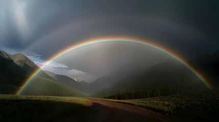 Double Rainbow Over Mountain Valley Landscape
