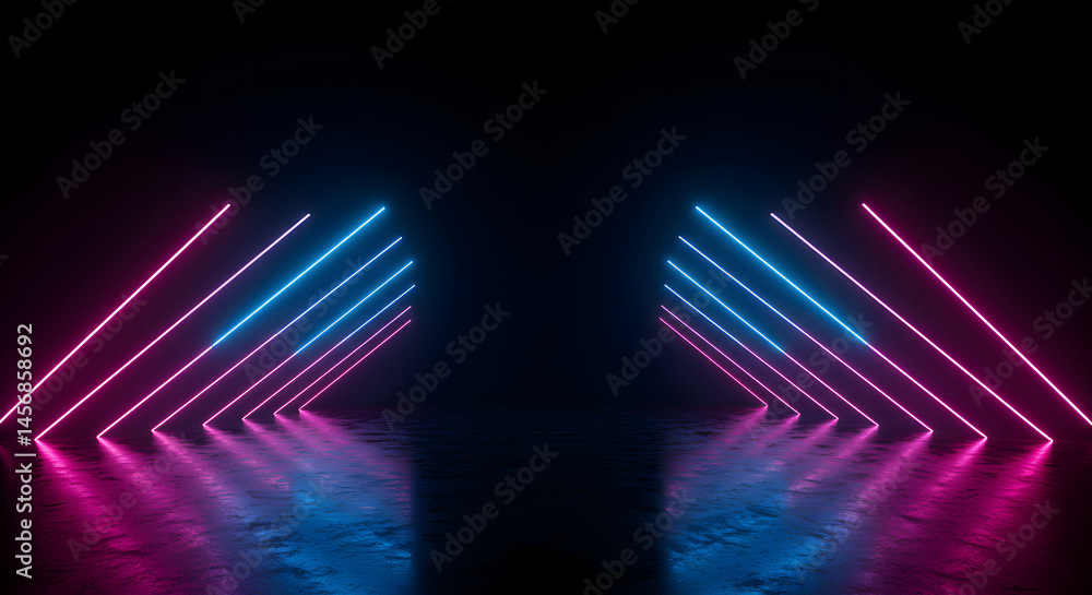 Aufkleber abstract neon light installation with symmetrical pattern and blue pink gradient on reflective black