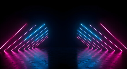 Obraz premium Abstract Neon Light Installation with Symmetrical Pattern and Blue Pink Gradient on Reflective Black Surface Creating Futuristic Design