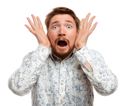 A man with his mouth wide open and hands over his ears, expressing total shock.