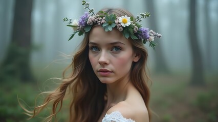 Dreamy Portrait of Young Woman with Flower Crown in Misty Forest with Light Hair Blowing in the Wind