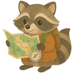 Cute raccoon holding map and compass in forest outfit