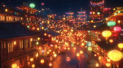 Obraz premium Vibrant, illuminated Chinese town at night. Lanterns light up the ancient streets