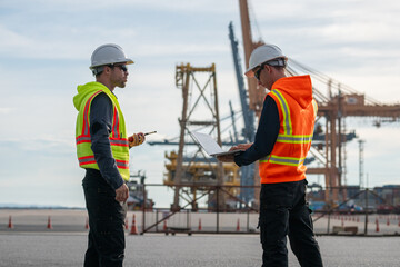 Industrial engineer workers operations marine port cranes loading and unloading of cargo ships global trade and supply chain import export environment monitoring responsible global economy.