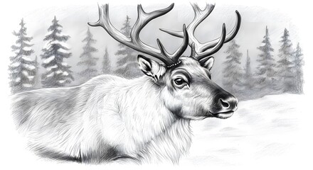 Reindeer Resting in Winter Forest Graphic Illustration with Snow and Trees