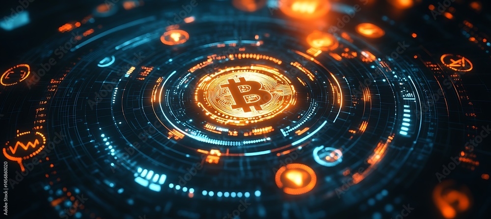 Poster glowing cryptocurrency icons floating around a digital wallet interface creating a futuristic financ