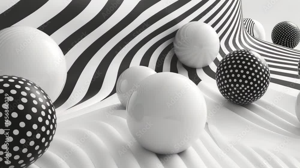 Poster creative abstract design featuring black and white patterns with spherical shapes in 4k resolution