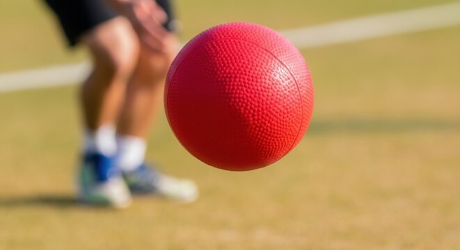 Red rubber dodgeball in mid-air on green grass field with person in motion