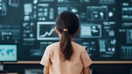 Futuristic classroom with student using digital tools and data analytics.