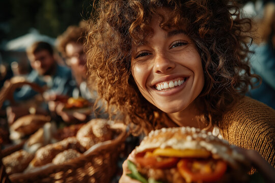 Adolescents souriants partageant un pique-nique avec burgers en plein air, ambiance estivale conviviale entre amis sur couverture avec panier et sandwichs, burgers, fait maison