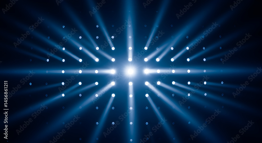 Poster bright blue radial beams radiating from center point in a dark background creates symmetric pattern 