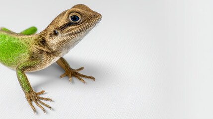 Fototapeta premium A vibrant green and brown lizard with striking eyes poses on a clean white background showcasing its detailed scales and textured skin in a close-up studio shot.