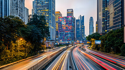 Fototapeta premium City Expressway At Dusk With Illuminated Skyscrapers