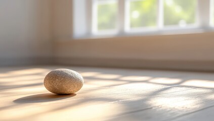 A single, light gray stone sits on a light wooden floor, bathed in warm sunlight streaming through a window  Shadows from the window are cast on the floor