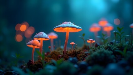 Fototapeta premium Illuminated Mushrooms in a Mysterious Forest: Bioluminescent Fungi in a Dreamy, Enchanted Setting