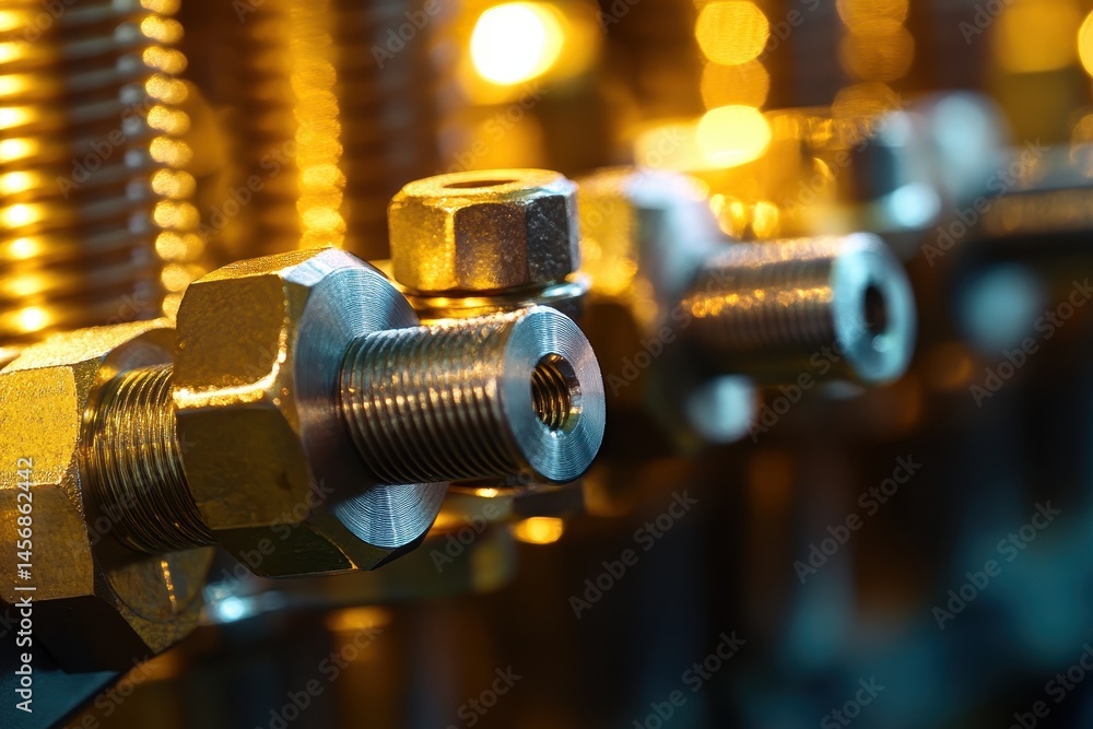 Poster close-up of metallic components with golden bokeh background
