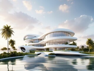 Obraz premium Futuristic 3D render of an abstract architectural building with organic curves and wavy lines, featuring glass and glossy plastic materials, set against a backdrop of palm trees and skyscrapers.