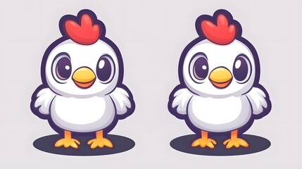 Two cartoon chickens facing front, presented in a graphic style.