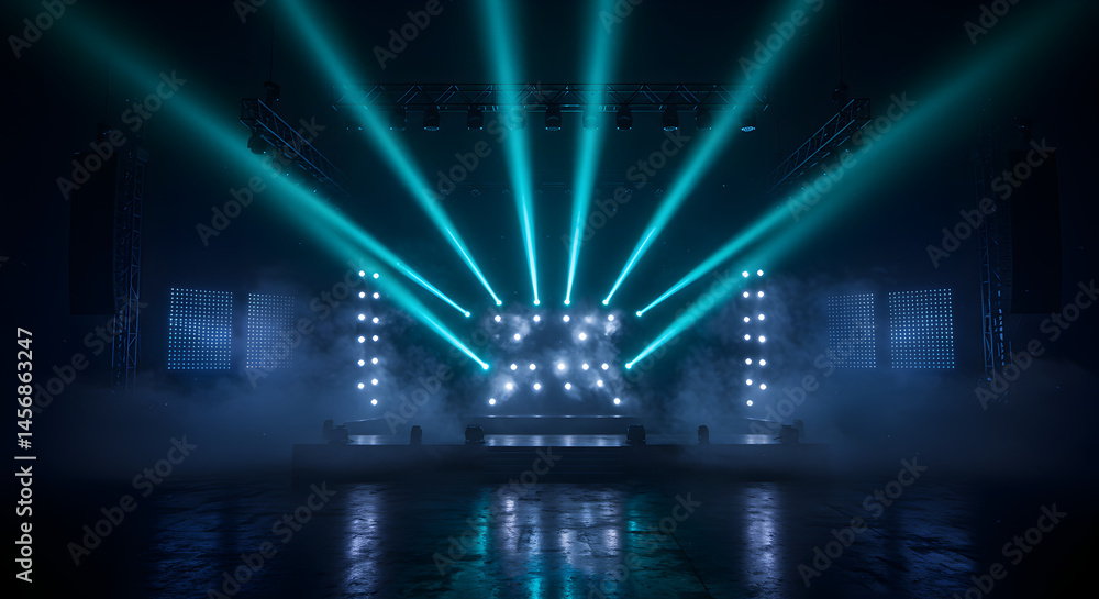 Poster concert stage featuring array of teal lights shining downward on wet stage with reflective surface a