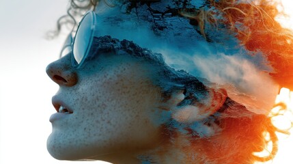 double exposure of female face abstract woman portrait digital art girl in glasses of virtual reality augmented reality dream future technology game concept vr