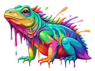 Fototapeta premium Vibrant Rainbow Iguana in Paint Splatter Style