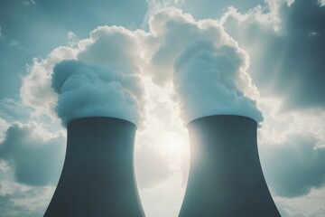 Cooling Towers Emitting Steam under Dramatic Cloudy Sky