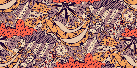 Abstract seamless doodle pattern - bee, flowers, leaves, clouds, insect. Repeating half-drop print. Yellow, orange, beige, purple.