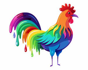 Colorful Rooster Illustration Rainbow Paint Dripping Design