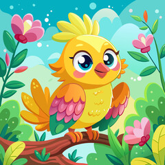 Adorable Cartoon Bird Perched on Branch in Colorful Garden