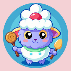 Adorable Cartoon Lamb Holding Lollipop and Spoon