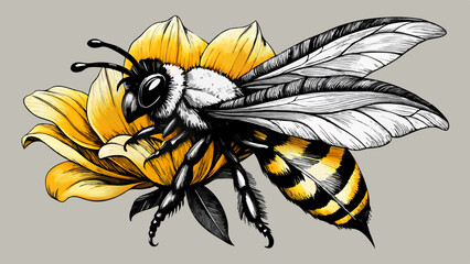 Detailed Illustration of a Honeybee on a Yellow Flower