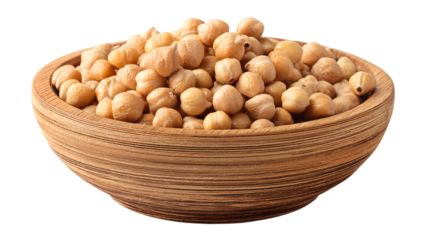 a wooden bowl filled with chickpeas on a white surface