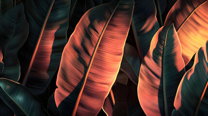 Close-up view of vibrant tropical leaves.  Detailed texture of long, broad leaves with warm, reddish hues and dark shadows