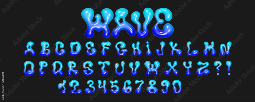 Poster wavy 3d font design featuring liquid letters and numbers with a glossy reflective texture against a 