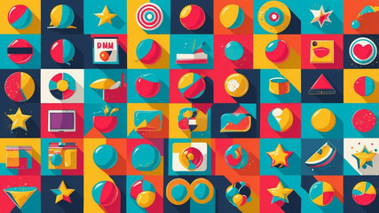 Colorful geometric abstract pattern with squares featuring various fun shapes and designs