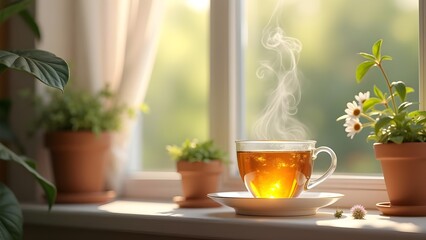 Steaming Tea Cup by Window with Plants:  A Relaxing Still Life of Herbal Infusion and Natural Light