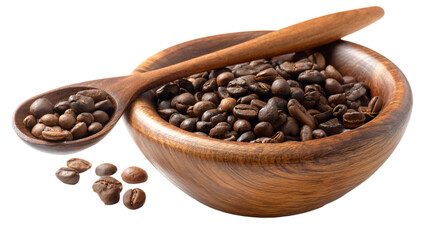 Fototapeta premium a wooden bowl filled with coffee beans and a wooden spoon