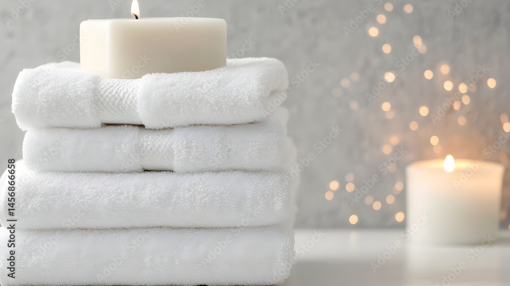 Poster neatly stacked towels and candles create a soothing spa-like atmosphere.
