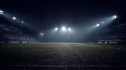Empty football field under stadium lights, wide view with dramatic shadows. Solitude and anticipation in the night.
