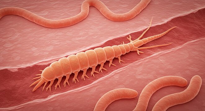 Taenia Solium Pork Tapeworm Scolex Embedded in Pink Intestinal Lining Featuring Textured Light Orange Pink Proglottid Body