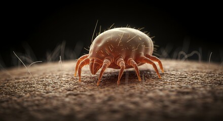Extreme Close Up of a Translucent Brown Dust Mite with Segmented Body Tiny Eyes and Slender Legs Crawling on Textured Fiber Surface with Dark Gradient Background Under Soft Lighting
