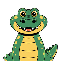 A cute cartoon crocodile sitting happily in a swamp surrounded by green plants.