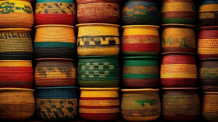 Woven Wonders: A close-up, detailed view showcases an array of beautifully woven baskets, each an artful display of color, texture, and craftsmanship.