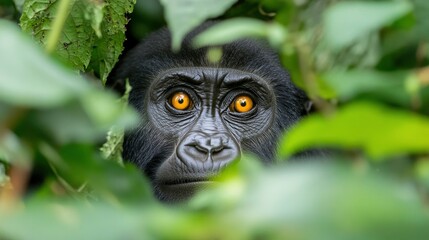 Obraz premium Intense Gaze Of A Gorilla Peering From Lush Foliage.